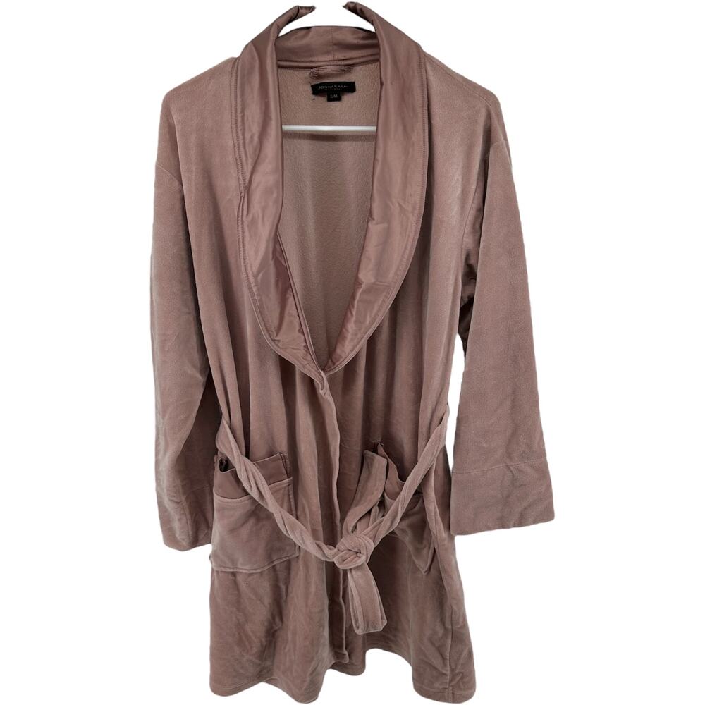 Donna Karan Sleepwear Robe Tie Waist Shawl Collar Pocket Lounge Fleece Pink S/M